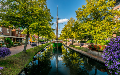 Bateau sur un canal bordé d’arbres et de fleurs proche du Tinyhouse KLEINES EMS-IDYLL - Emsland camping.