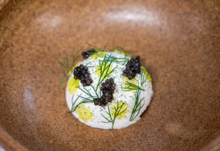 Gourmet dish with caviar, herbs, and sauce in a rustic bowl at Marsk Camp - Glampingtenten Denmark camping site.