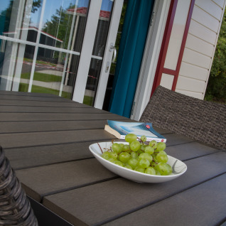 Terrazza esterna al Nordsee Camp-Norddeich Chalet in Oost-Friesland con uva, libri e sedie di vimini.