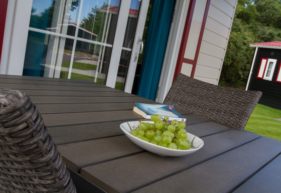 Terrasse vom Nordsee Camp-Norddeich Chalet in Oostfriesland mit Trauben, Büchern und geflochtenen Stühlen.