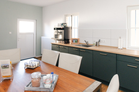 Cuisine-salle à manger moderne et lumineuse dans un hébergement glamping sur la route des vins à Bockenheim, Pfalz.