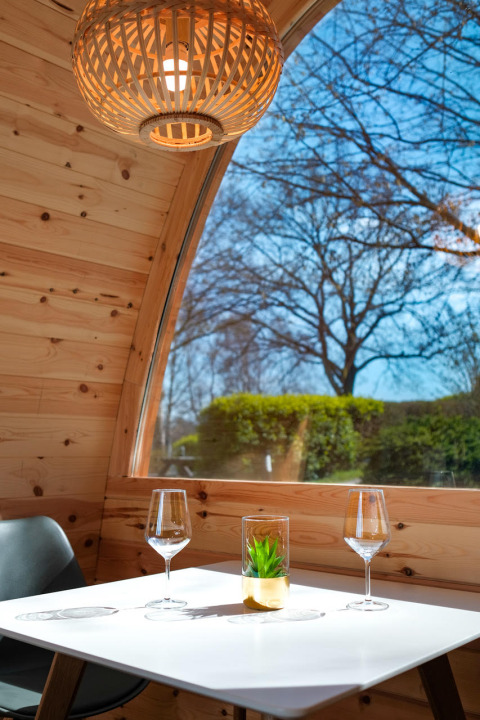 Interieur van een glampingpod bij Natuurpark Camping Prinzenholz met houten muren en groot raam.