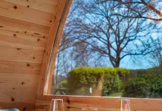 Inside a glamping pod at Natuurpark Camping Prinzenholz with wood walls, window views, and cozy seating.