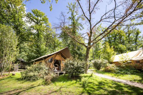 Glamping accommodation at Huttopia Versailles - Glamping Île de France, tents nestled in a lush, green forest.
