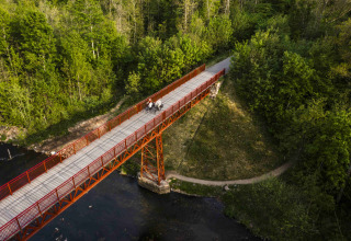 Vista aérea de un puente peatonal rojo entre árboles cerca de Holmely - Glampingtenten Midden-Jutland en plena naturaleza.