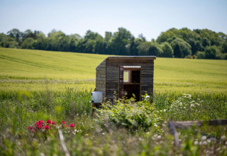 Cabane en bois au milieu des champs verts à Holmely - Glampingtenten Midden-Jutland, camping nature.