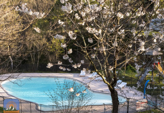 Alberi in fiore circondano la piscina al Camping des Randonneurs - Yurts Occitanië in una giornata di sole.