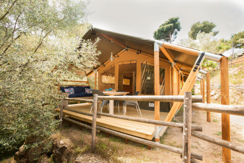 Glamping-Unterkunft 'Little Canvas Escape - Lodgetenten Ameland' mit Veranda und Holzzaun im Grünen.