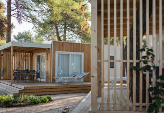 Moderne Glamping-Unterkunft mit Holzterrasse und Sonnenliegen im Falkenstein Premium Camping Zadar.