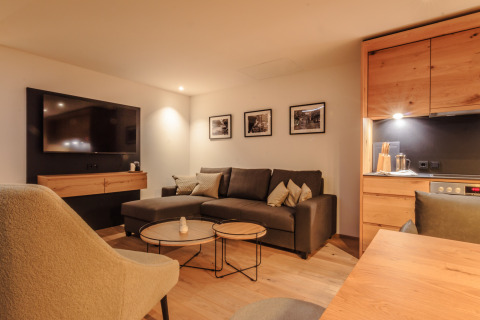 Moderne woonkamer in Wirthshof Resort Premium chalet aan de Bodensee met bank, tv en kitchenette.