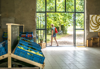 Person leaving a farm shop with fresh vegetables at Voedselbron Graauw - Safaritenten Zeeland.