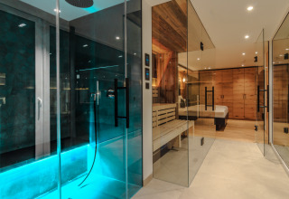 Moderne glampingaccommodatie bij Wirthshof Resort - Spa Chalet aan de Bodensee met glazen wanden en verlichte douche.