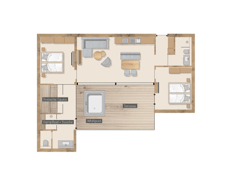 Grundriss vom Wirthshof Resort - Spa Chalet am Bodensee mit Sauna, Whirlpool und Terrasse.