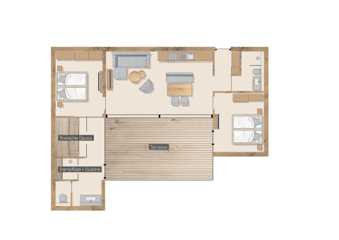 Plattegrond van Wirthshof Resort - Spa Chalet aan de Bodensee met sauna, slaapkamers en groot terras.