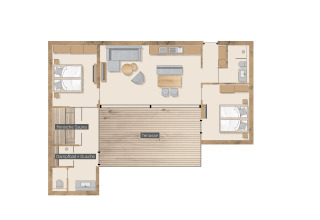 Plano del Wirthshof Resort - Spa Chalet en el lago Constanza, con sauna, dormitorios y terraza amplia.