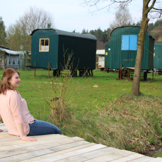 Kvinde sidder på trædæk ved Camping Böhmeschlucht med grønne campingvogne i baggrunden i Niedersachsen.
