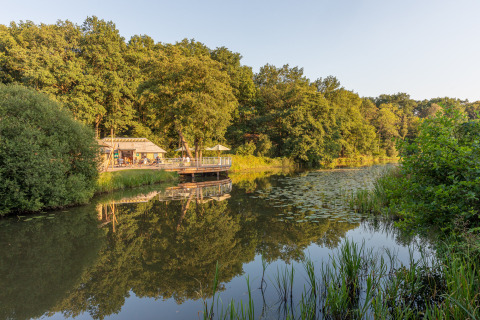 Glampingplatz Camping Huttopia De Roos an der Vecht in Overijssel mit Holzterrasse am Wasser und Bäumen.