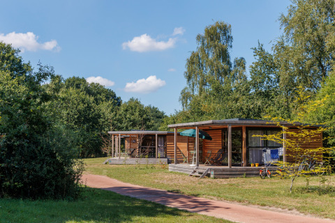 Alojamiento glamping en Camping Huttopia De Roos, con cabañas de madera y naturaleza en Overijssel.