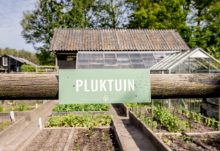 Panneau indiquant 'Pluktuin' devant des serres et des potagers à Landgoed Lindehof – Natuur Lodges Friesland.