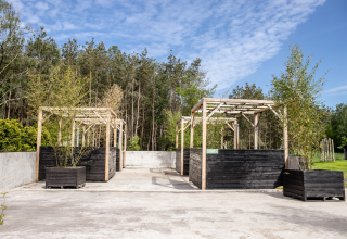 Alojamiento glamping al aire libre en Landgoed Lindehof – Natuur Lodges Friesland con marcos de madera y naturaleza.