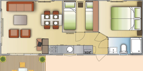 Grundriss eines Glamping-Chalets auf Camping Wackerballig mit Wohnbereich, Schlafzimmern, Küche und Bad.