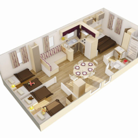 3D-plattegrond van een glamping chalet op Camping Wackerballig met slaapkamer, keuken en zithoek.
