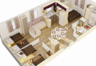 3D-plantegning af en glamping chalet i Camping Wackerballig med soveværelse, køkken og opholdsstue.