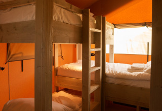 Interiør af en glampingtelt med køjesenge og naturligt lys, Erfgoedpark de Hoop, Noord-Holland.