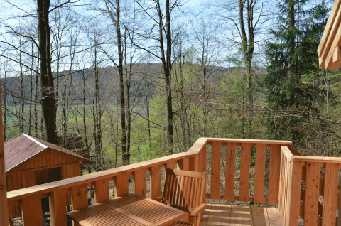 Aussicht von einer Holzterrasse beim Baumhaushotel Solling - Boomhut Nedersaksen, im Wald gelegen.