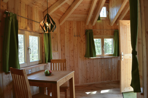 Intérieur chaleureux de cabane dans les arbres au Baumhaushotel Solling avec bois et rideaux verts.