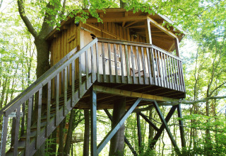 Baumhaushotel Solling, avontuurlijke boomhut glamping accommodatie in Nedersaksen met houten terras.