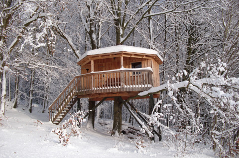 Baumhaushotel Solling im verschneiten Wald, Glamping-Unterkunft in Niedersachsen im Winter.