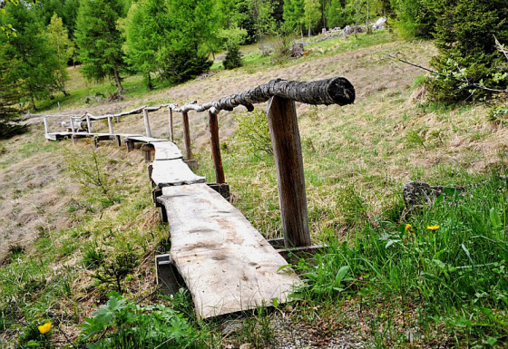 Træbro med rækværk fører gennem græs og træer nær Glamping Sundelas - Zigeunerwagen Zwitserse Alpen.
