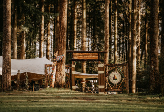 Glamping accommodatie bij Winterwoods - Yurts Drenthe, tussen de bomen met tent en houten ingangspoort.