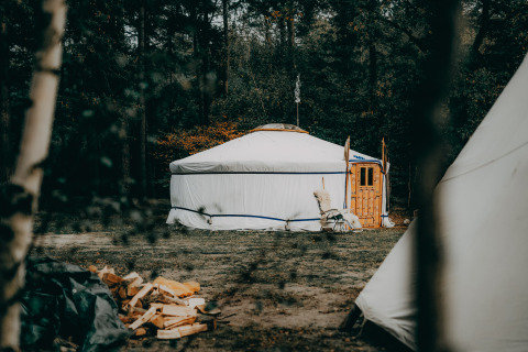 Een witte yurt bij Winterwoods - Yurts Drenthe, omgeven door bomen, ideaal voor glamping of kamperen.