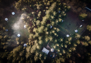 Luchtfoto van Winterwoods - Yurts Drenthe met glamping-yurts verspreid door het bos tussen de bomen.