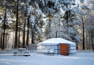 Sneeuwrijk bos met een traditionele yurt, glamping accommodatie Winterwoods - Yurts Drenthe in de winter.
