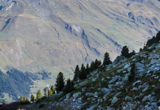 Ciclisti percorrono un sentiero di montagna con vista sulle vette innevate vicino a Huttopia Bourg-Saint-Maurice.