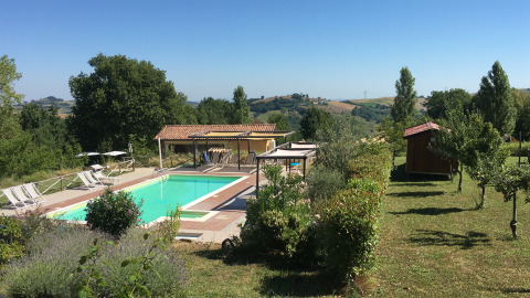 Schwimmbad und Gartenlandschaft bei Agriturismo Camping Le Marche & Villa Ti Amo - Glamping Le Marche.