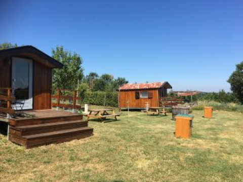 Træhytter og picnicborde på glampingpladsen Agriturismo Camping Le Marche & Villa Ti Amo i solrigt landskab.