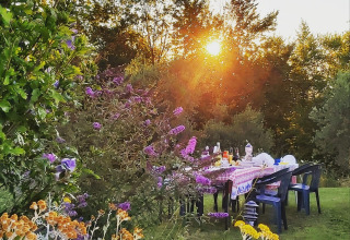 Outdoor dining table set at sunset among wildflowers at Agriturismo Camping Le Marche & Villa Ti Amo - Glamping Le Marche.