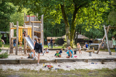 Bambini giocano nel parco giochi e nella sabbia sotto gli alberi a Huttopia Lac de Sillé glamping.