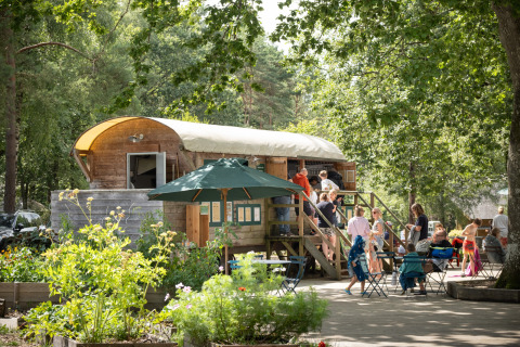 Familias disfrutan al aire libre en el glamping Huttopia Lac de Sillé en Pays de la Loire, rodeados de naturaleza.