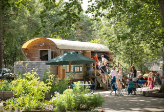 Families enjoy outdoor leisure near a wooden hut at Huttopia Lac de Sillé glamping in Pays de la Loire, France.