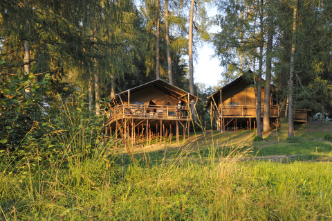 Glamping accommodation in the woods at Nature Resort Natterer See - Safarilodges Tirol. Safari tents on stilts.