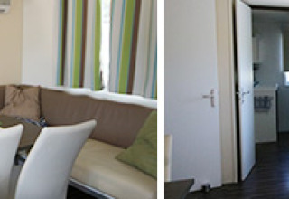 Vista interior de alojamiento glamping en Camping Naumburg - Glamping Hessen, con comedor y cocina modernos.