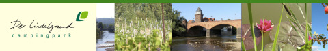 Banner for Campingpark Lindelgrund - Chalets Rheinland-Pfalz med natur, flod, blomster og bro i Rheinland-Pfalz.