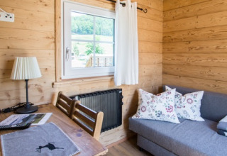 Gezellig houten interieur van Seecamping Appesbach Tiny House met bank, bureau en raam met uitzicht.
