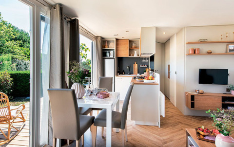 Helle, moderne Glamping-Unterkunft mit offener Küche und Wohnbereich im Camping Wallersee - Stacaravans Salzburg.