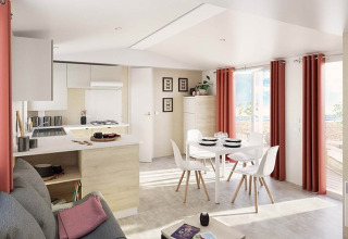 Moderne glampingaccommodatie bij Camping Wallersee - Stacaravans Salzburg met keuken en eetruimte.